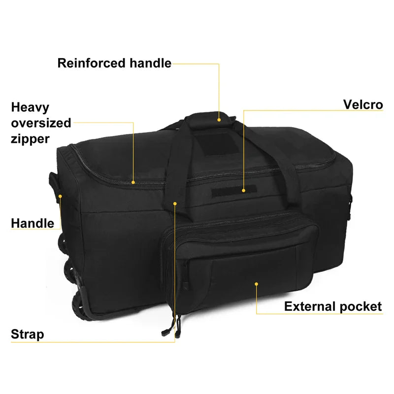 Black tactical rolling duffel bag highlighting features like zippers and handles
