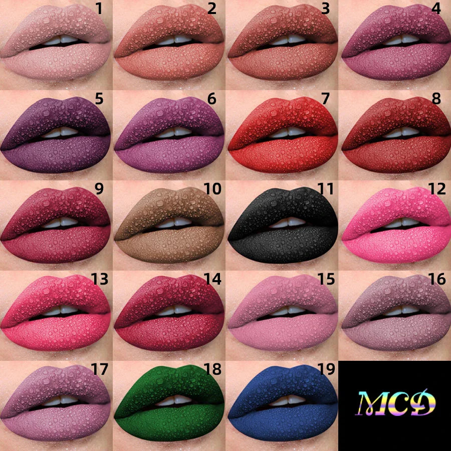 Color chart of 19 different matte liquid lipstick shades on lips with water droplets