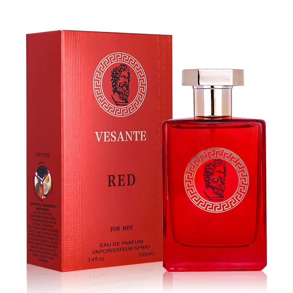 Red glass perfume bottle and matching red box