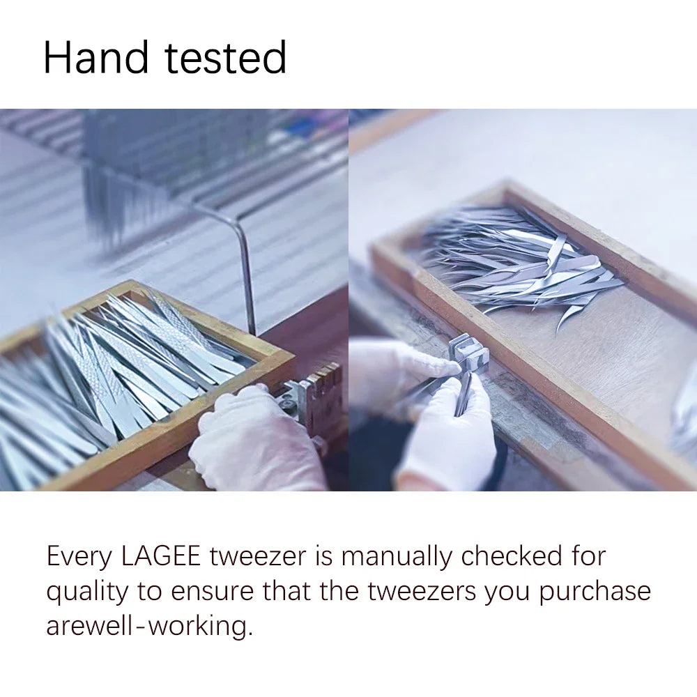 Behind the scenes photos of gloved hands quality testing professional metal tweezers in a workshop