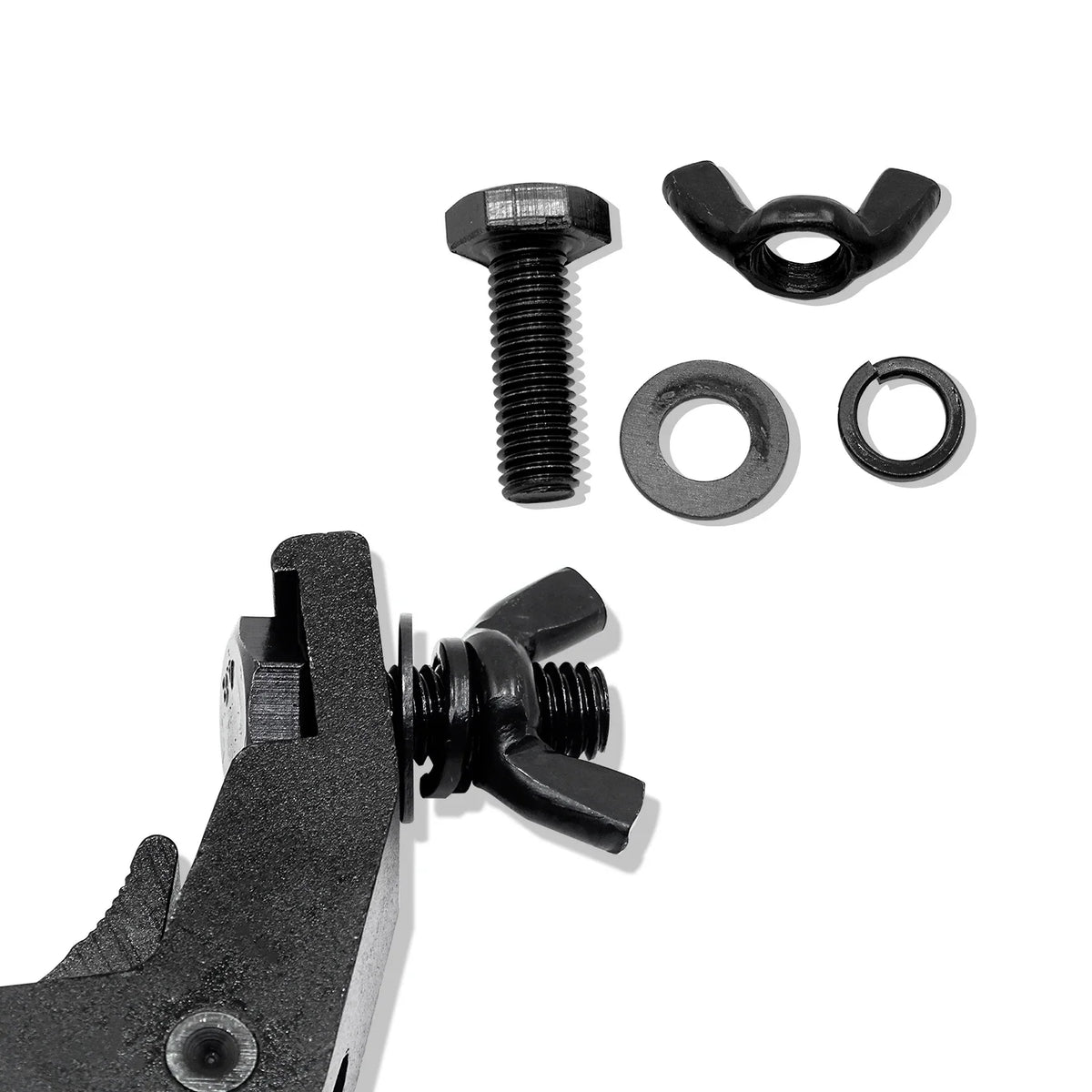 Mounting hardware including bolt wing nut and washers for stage light clamp