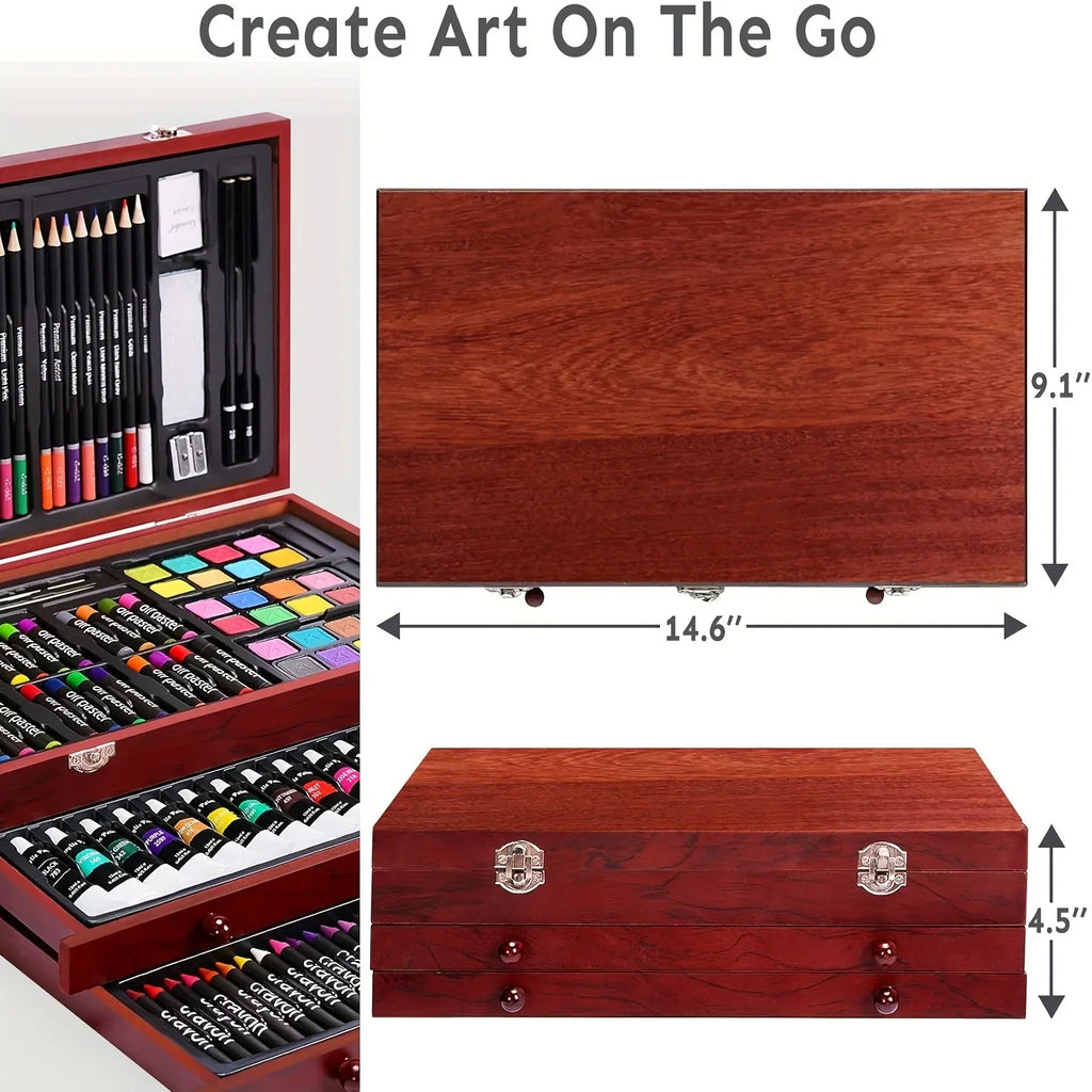 Dimensions of a closed wooden art case shown from multiple angles.
