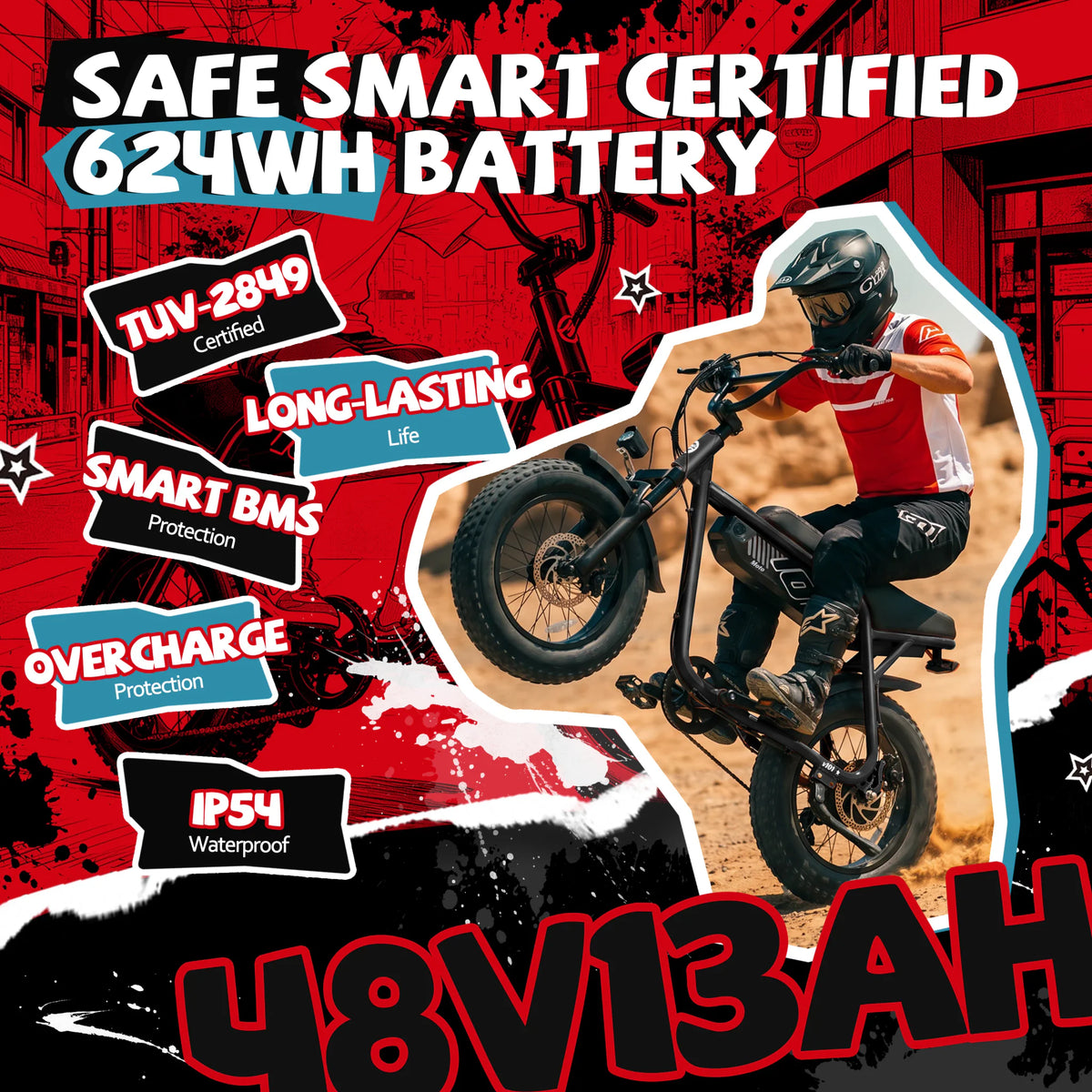 A person riding a black electric dirt bike on a dirt path with battery feature highlights.