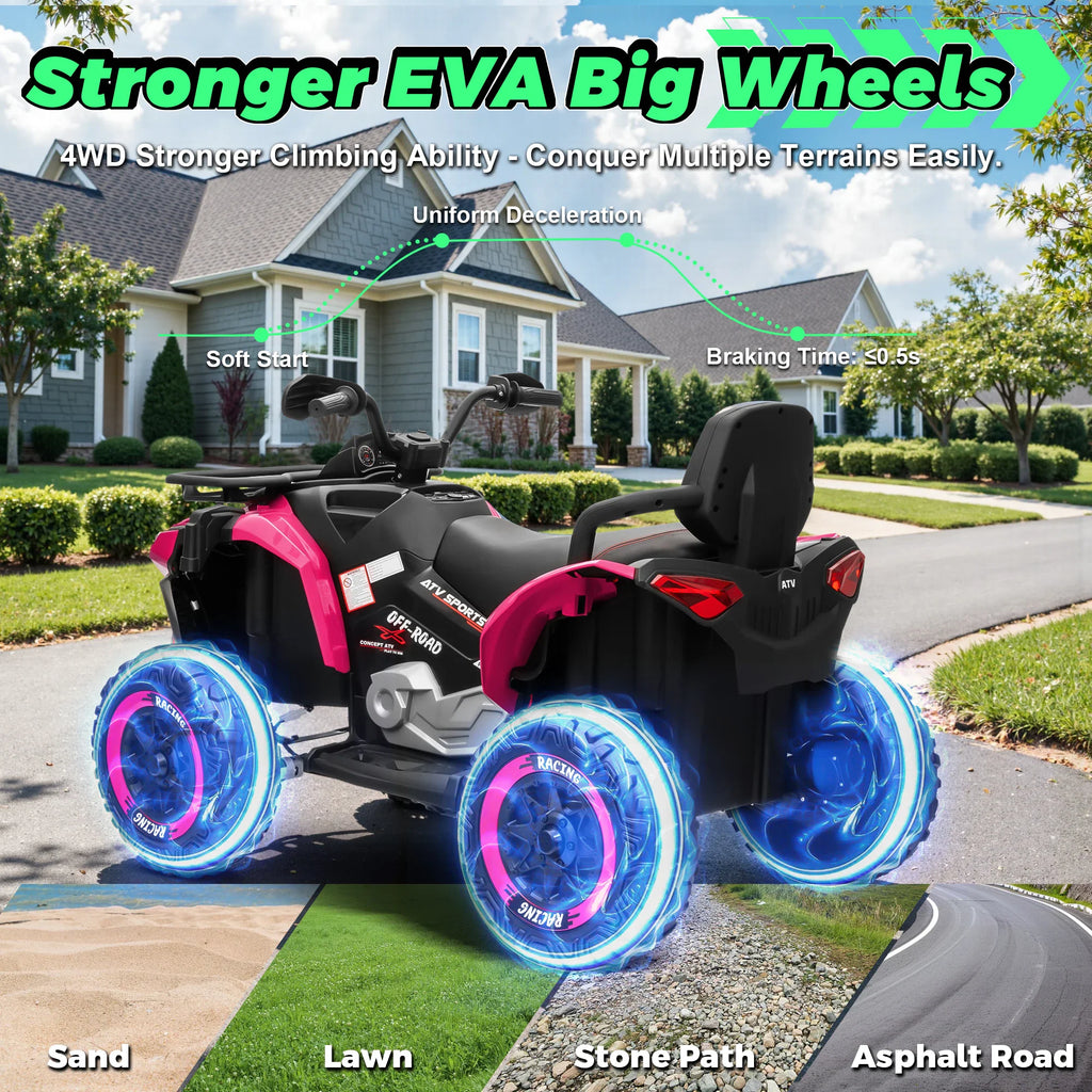Pink ride-on ATV on a path with graphic showing terrain compatibility and wheel suspension features