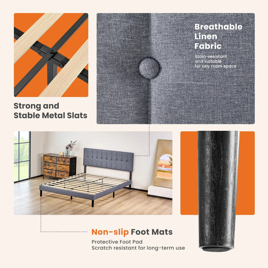Close-up features of a grey upholstered bed frame including metal slats, fabric texture, and protective foot pads
