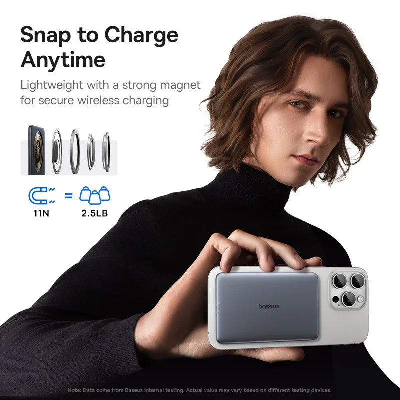 A man holding a smartphone with an attached magnetic portable power bank for wireless charging.