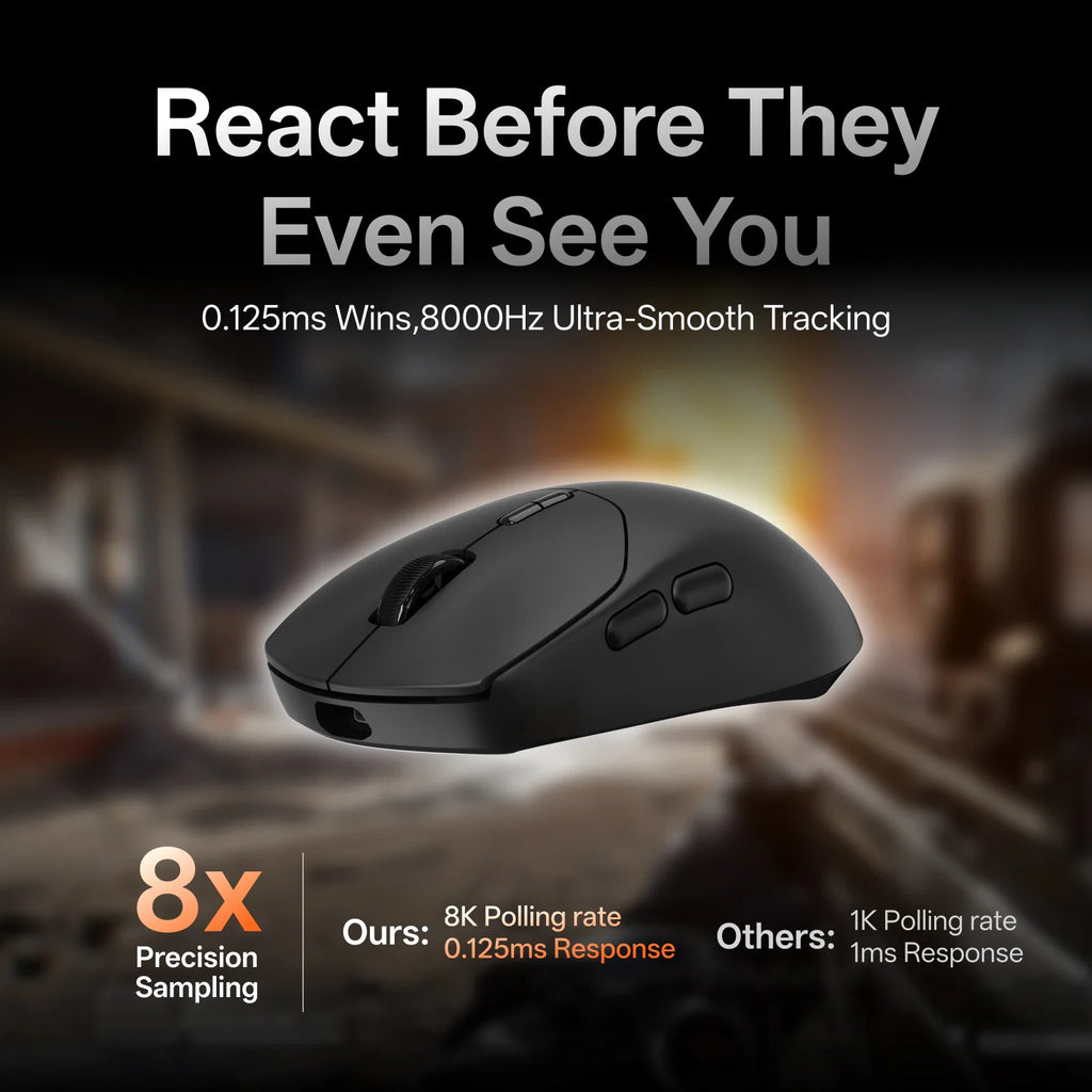A black gaming mouse with text promoting fast response times and 8K polling rate performance.