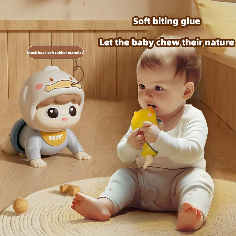 A baby holding and chewing on a soft crawling doll toy with a duck beak design.
