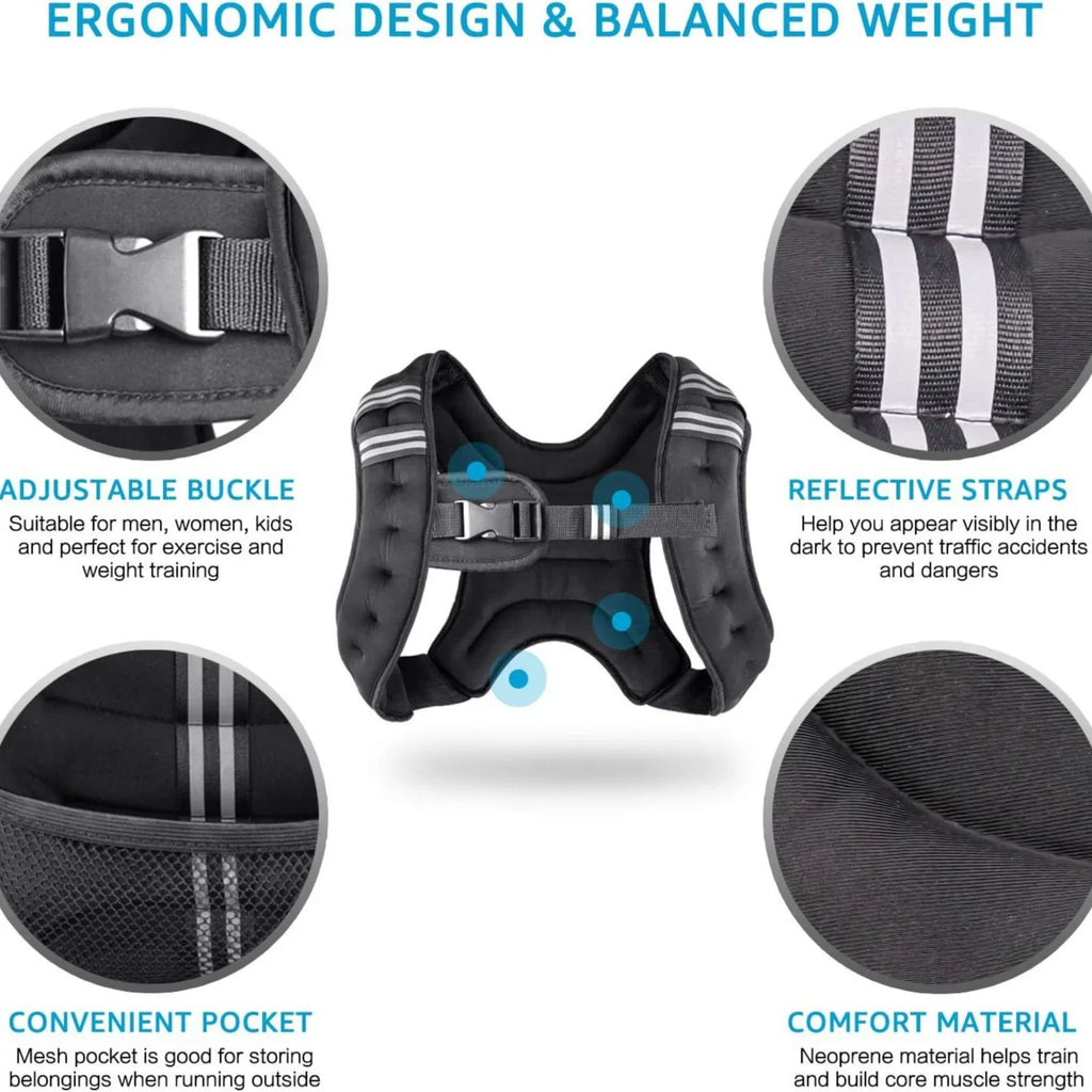 Features of a black weighted vest including adjustable buckle, reflective straps, storage pocket, and neoprene material