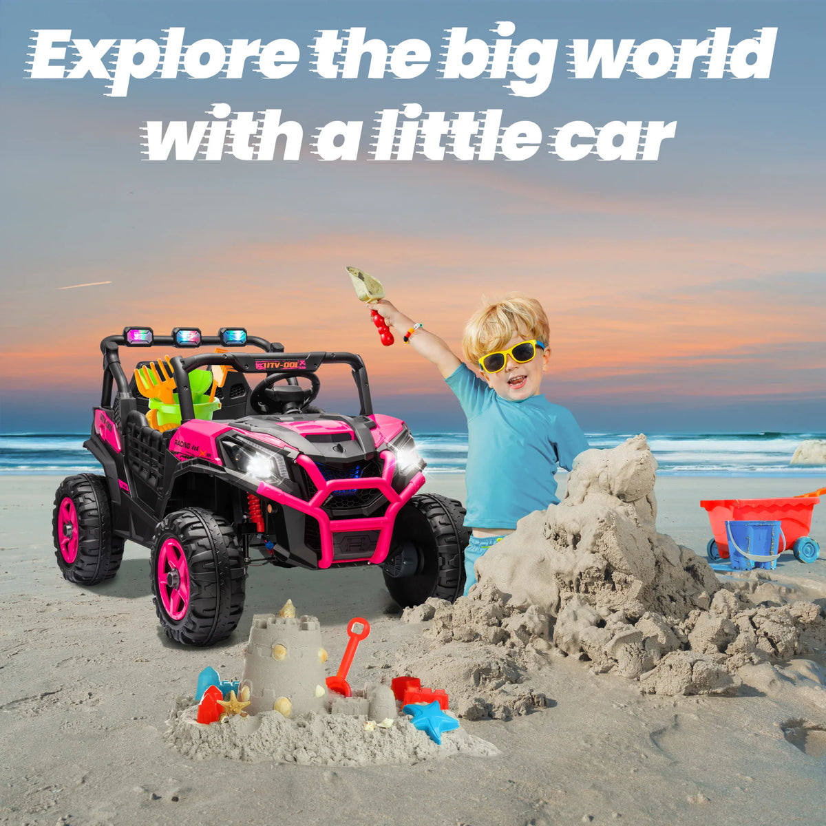 Pink 2-seater UTV toy car with a child playing on a beach