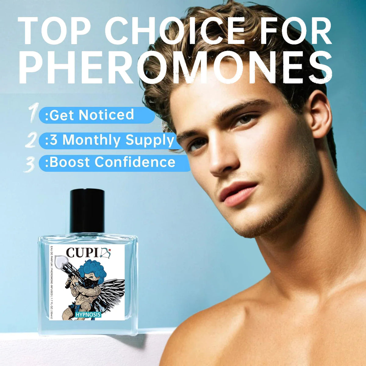 A young man posing next to a bottle of men's pheromone perfume.