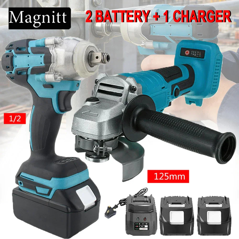 Blue and black cordless impact wrench and angle grinder kit with two batteries and a charger.