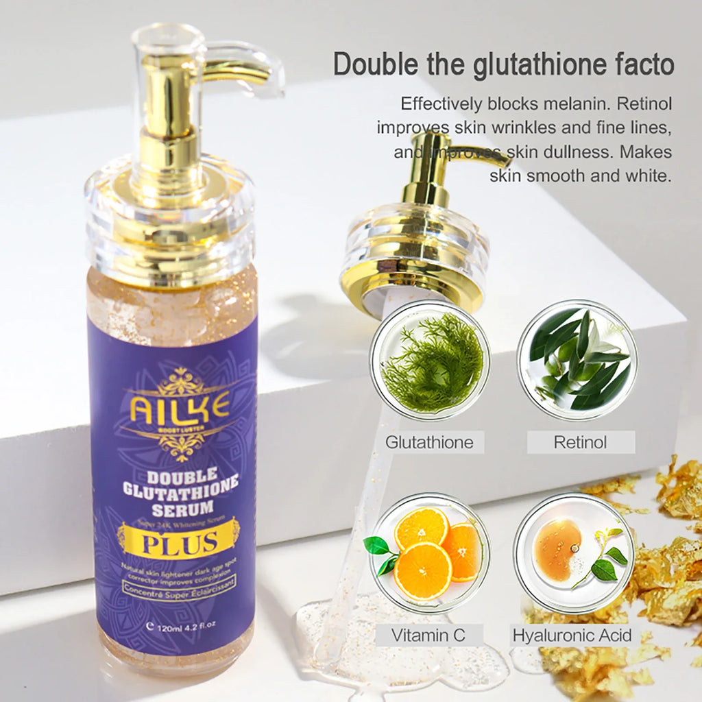 A bottle of whitening serum with ingredient bubbles featuring glutathione, retinol, vitamin c, and hyaluronic acid.