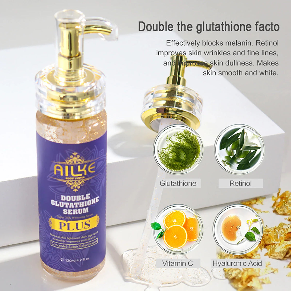 A bottle of whitening serum with ingredient bubbles featuring glutathione, retinol, vitamin c, and hyaluronic acid.
