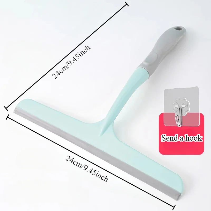 Light blue silicone squeegee with dimension labels and a small included wall hook