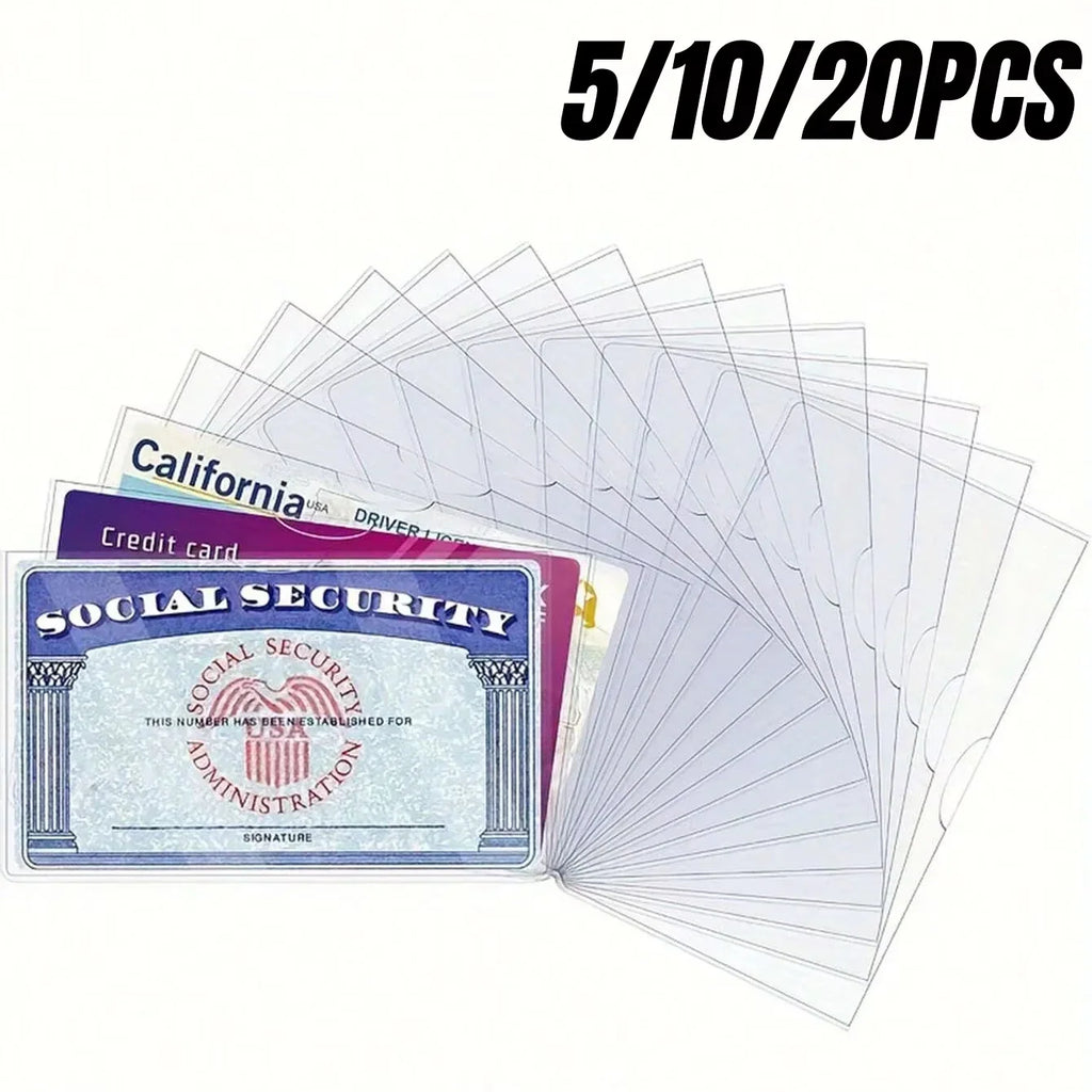 A bundle of clear PVC protective sleeves for identification and credit cards