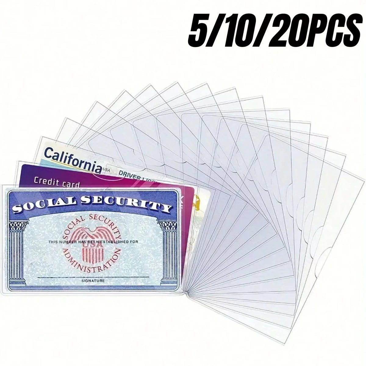 A bundle of clear PVC protective sleeves for identification and credit cards