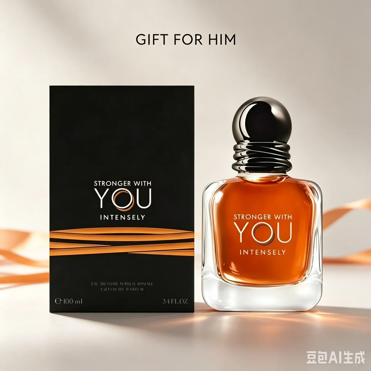 Men's amber perfume bottle with black box packaging, 100ml size, labeled as a gift for him