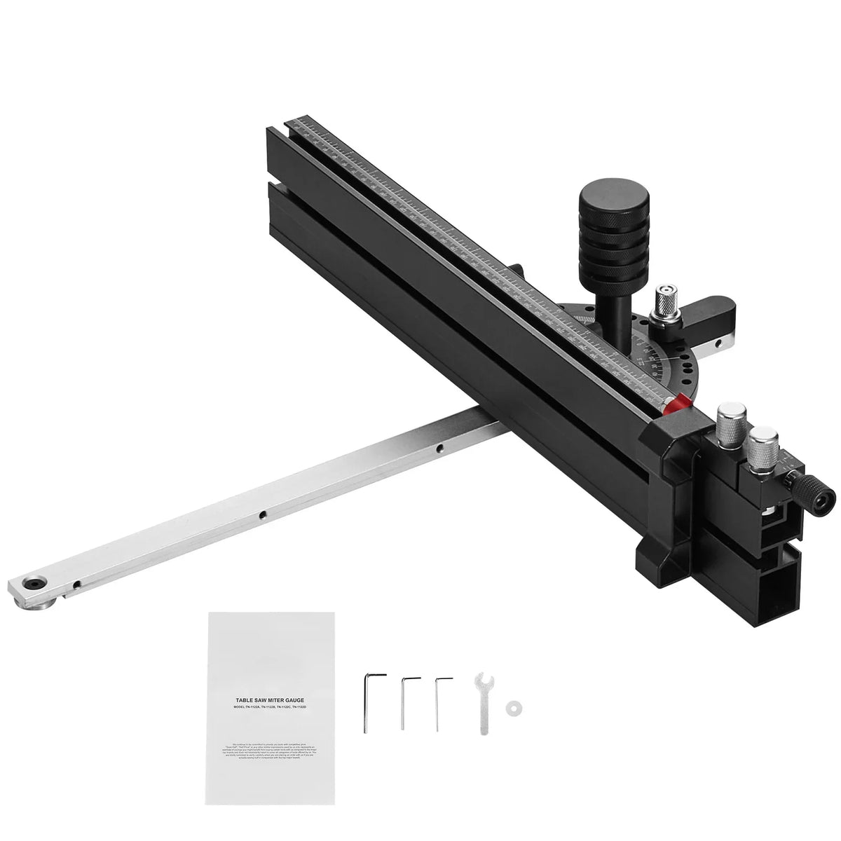 Precision table saw miter gauge with included accessories and manual
