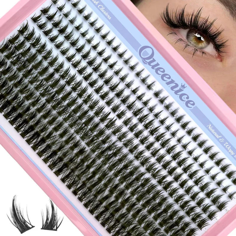 A tray of individual wispy cluster eyelash extensions shown with an eye demonstrating the finished look.