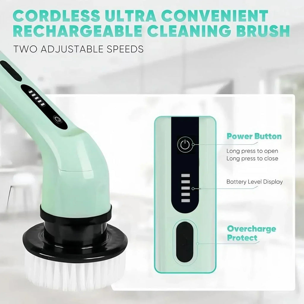Instructional features of the rechargeable cleaning brush including power button and battery display