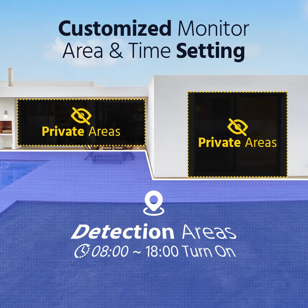 Home security system interface showing customizable detection zones and privacy masking for specific monitor areas.