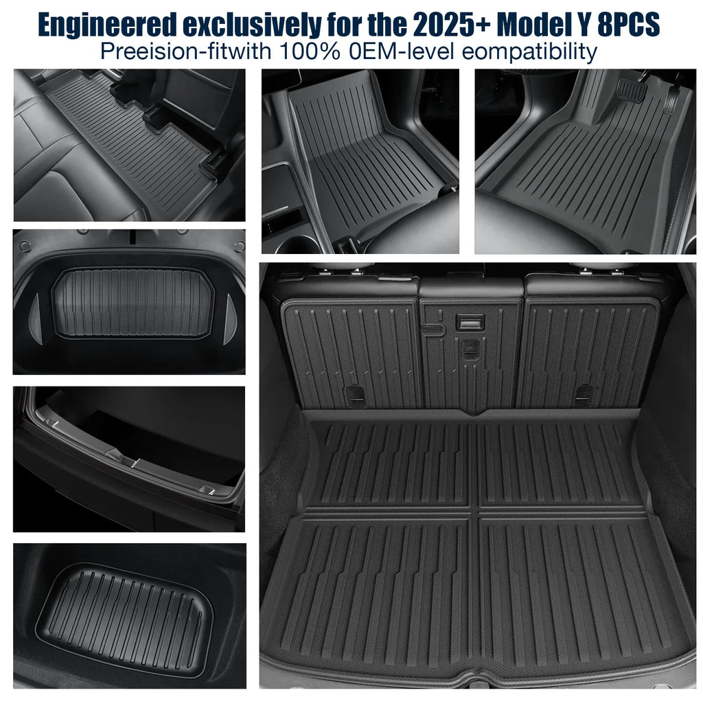 Detailed views of black all-weather TPE car floor mats installed in the front, rear, trunk, and frunk