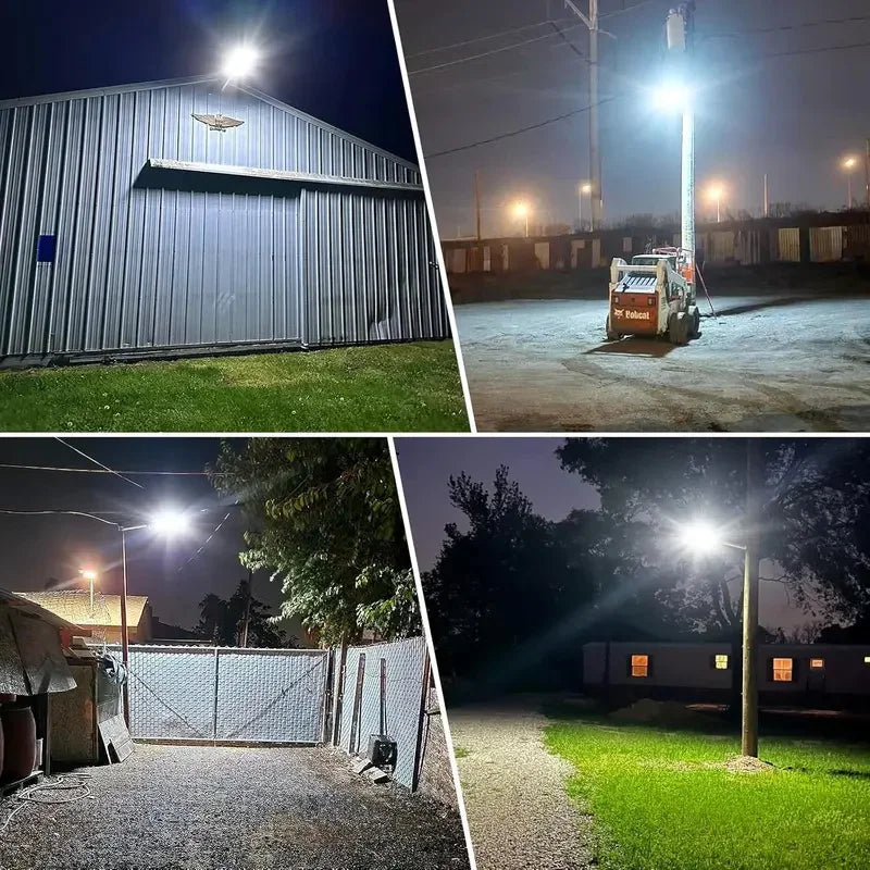 Four different outdoor night scenes showing installed solar street lights