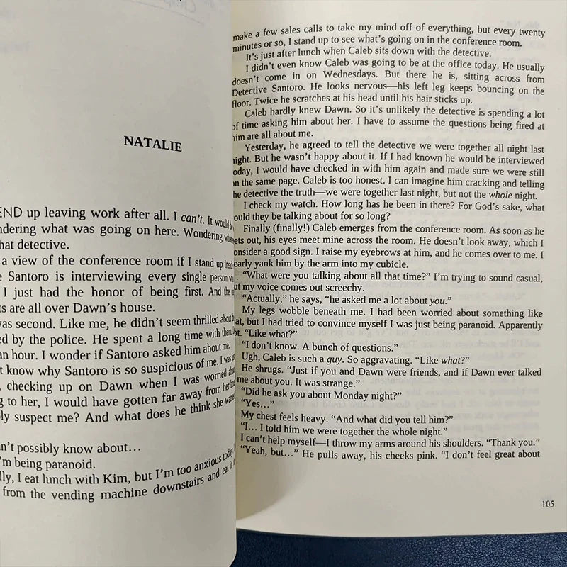 Opened pages of a novel showing character dialogue and story text.
