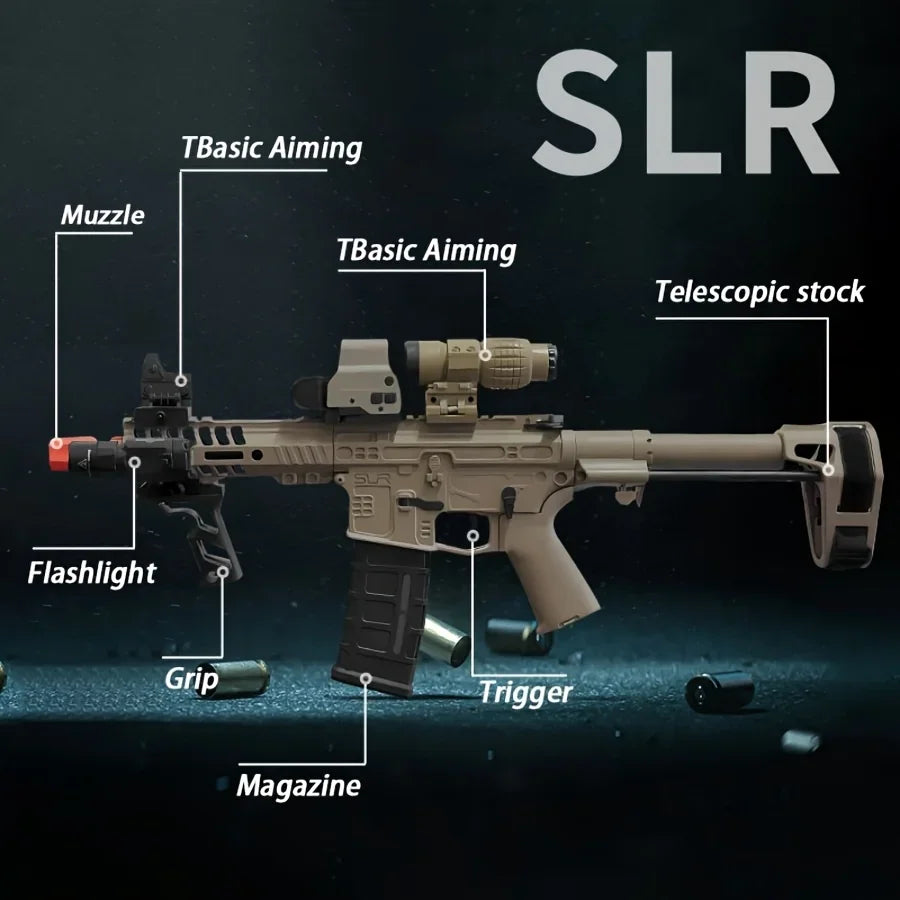 Tan electric gel ball blaster rifle with highlighted parts labeled with text