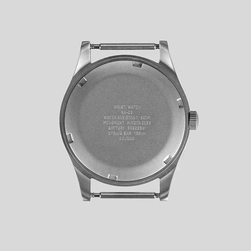 Stainless steel case back of a men's quartz military field watch