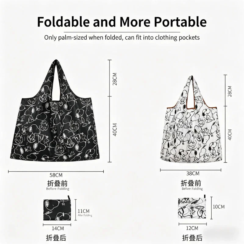 A size guide chart showing measurements for folded and unfolded cartoon-print shopping bags.