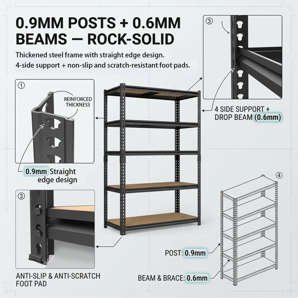 Structural details of industrial shelving unit highlighting steel beam thickness and anti-slip feet