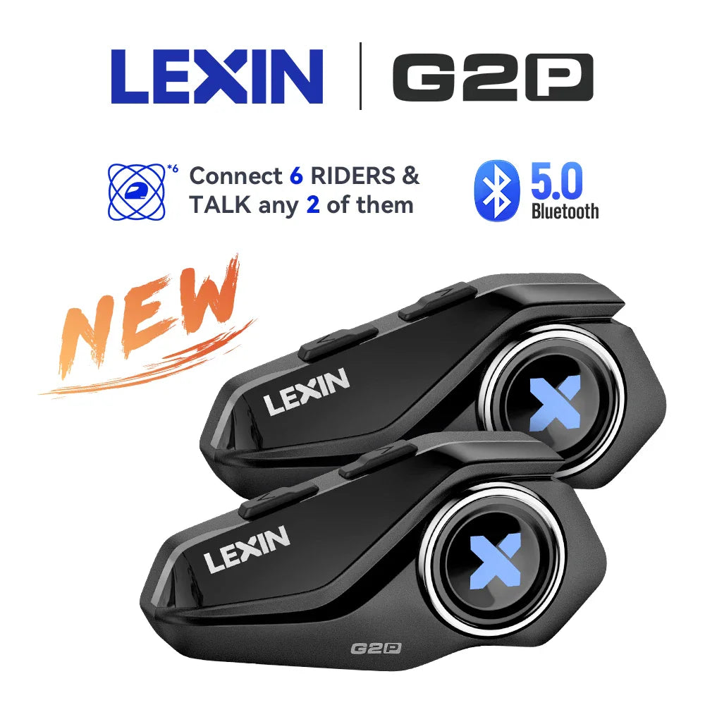 Pair of black motorcycle bluetooth intercom headsets with buttons and volume controls.