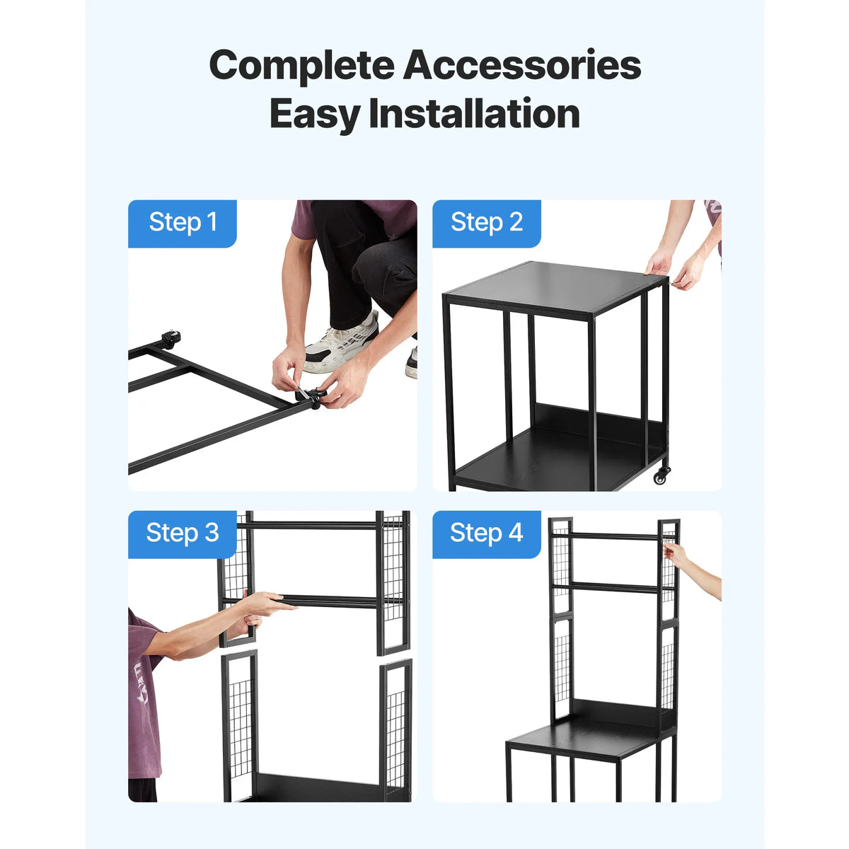 A four-step assembly guide for a 3D printer and filament storage cart with person's hands installing parts.