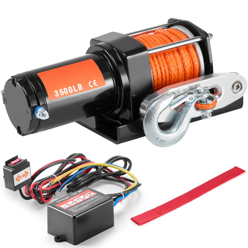 3500lb electric winch with synthetic rope, control box, and wiring on white background