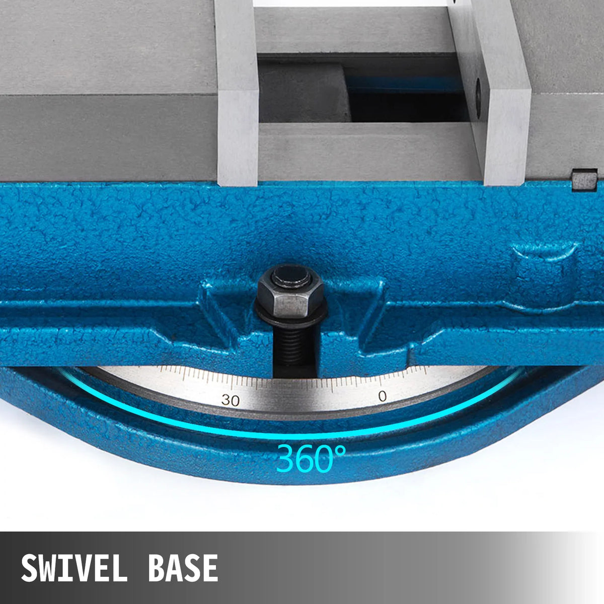 Swivel base of a blue industrial milling vise with 360 degree scale