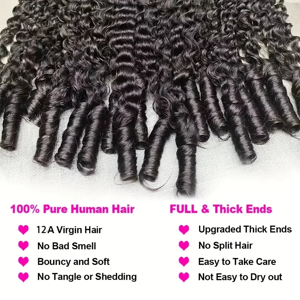Curly black hair extensions with descriptive text overlay