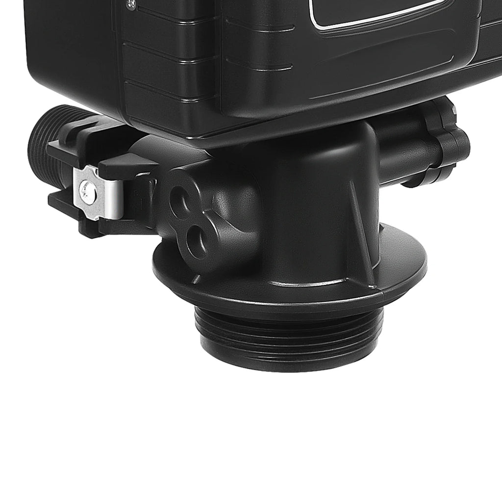 Side close-up of the connector base of a black digital water softener valve