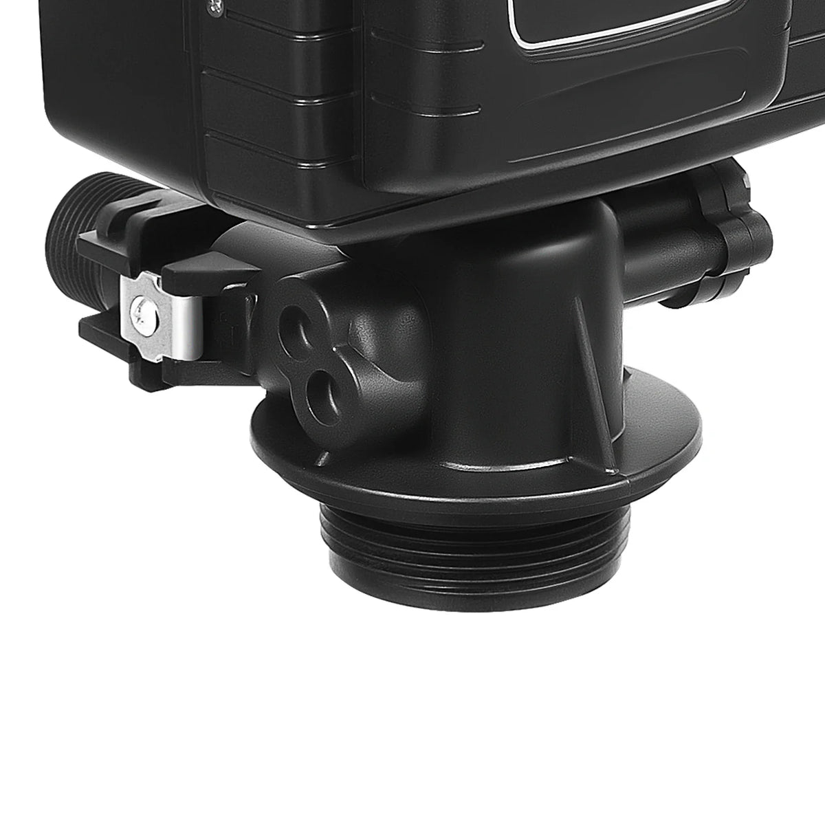 Side close-up of the connector base of a black digital water softener valve