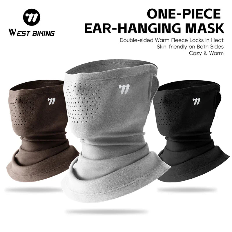 Thermal fleece face masks with ear loops in three colors: brown, light grey, and black