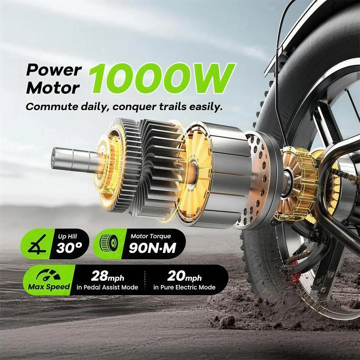 Electric bicycle motor assembly illustration with performance specifications.
