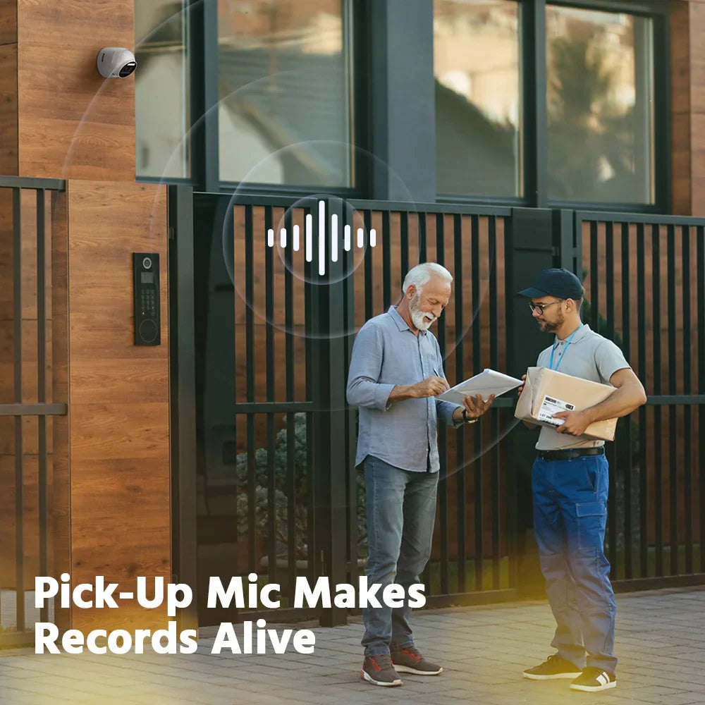 Security camera with microphone recording a conversation between a delivery person and a homeowner