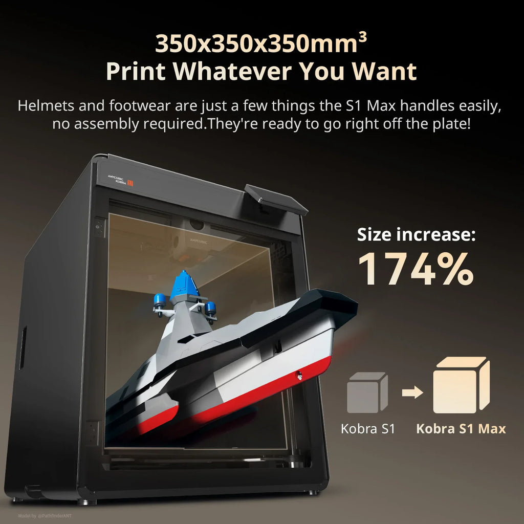3D printer showing a large scale print model of a ship inside the enclosure.