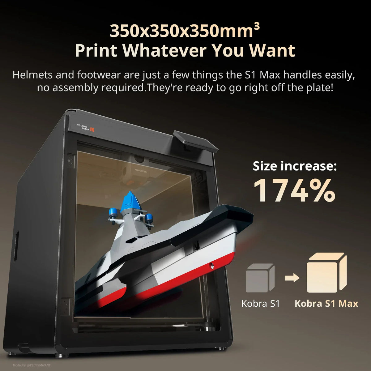 3D printer showing a large scale print model of a ship inside the enclosure.