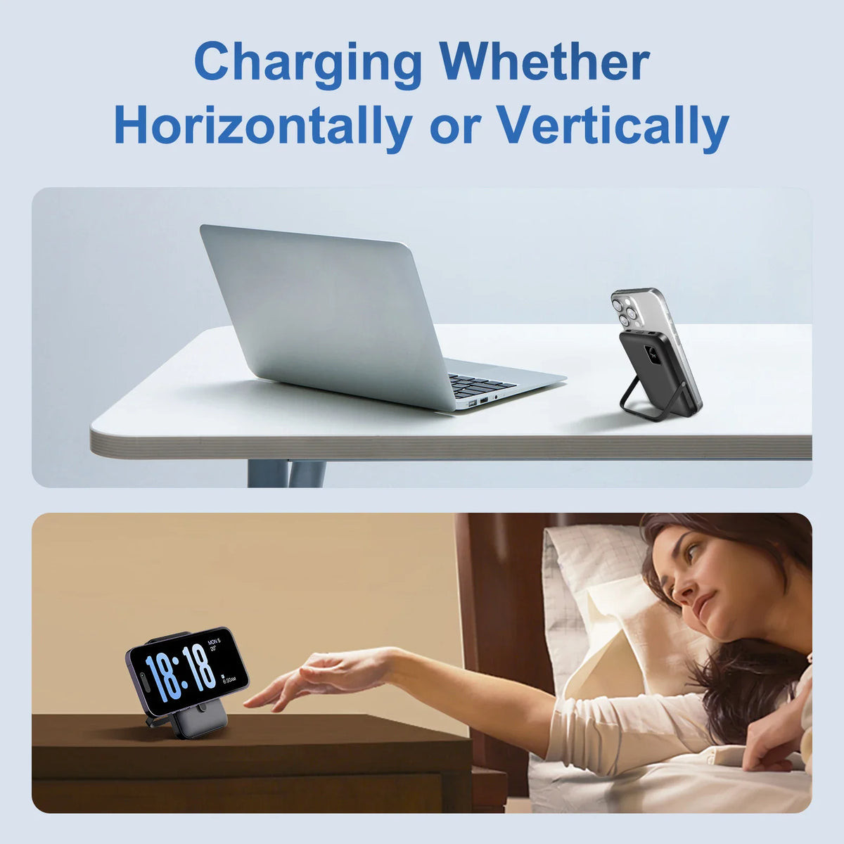 Black portable magnetic wireless power bank charging a phone on a desk and nightstand