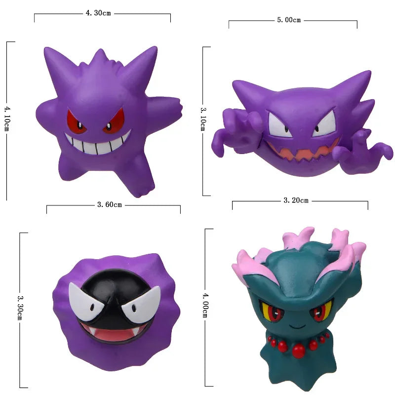 A diagram showing the dimensions of four different ghost type monster car ornaments