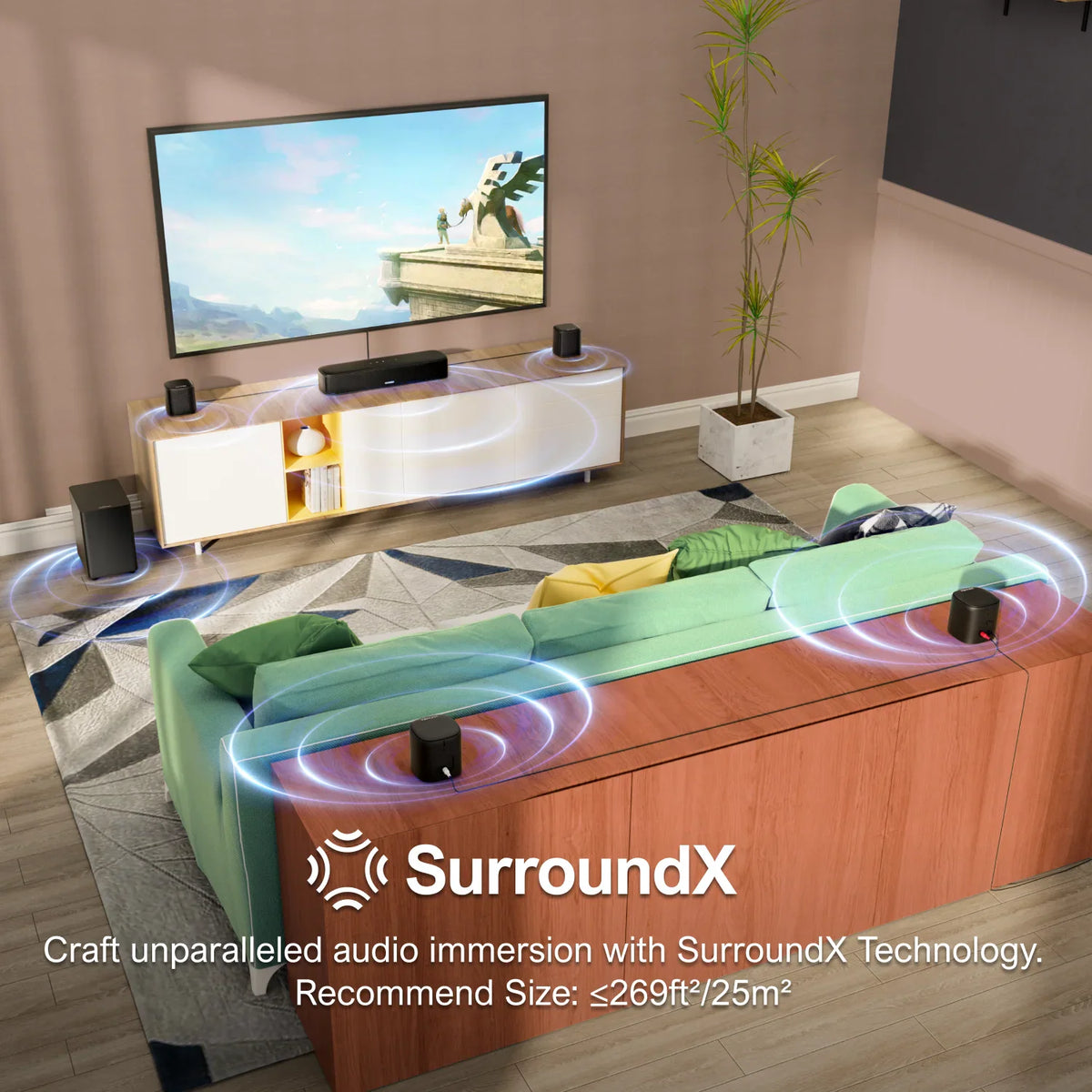 7.1 channel surround sound system in a living room illustrating sound immersion and recommended room size