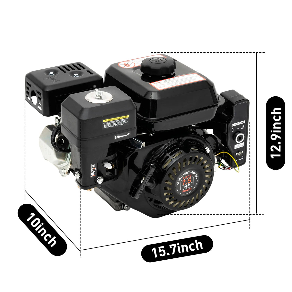 7.5HP 4-stroke 212cc gasoline engine with electric start and dimensions shown in inches