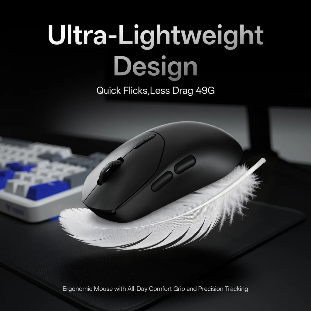 A black gaming mouse resting on a white feather to demonstrate its lightweight design.